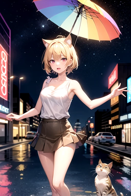 21 year old anime girl with blonde hair and red eyes wearing a short brown skirt with a white tank top in an urban landscape with a cat on her shoulder and a night landscape with neon lights on the buildings and playing with a butterfly and holding an umbrella and rainbow in the background and jumping in a puddle of water