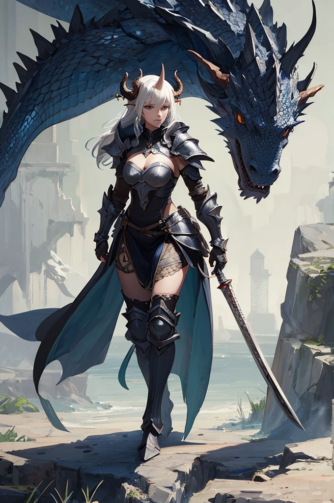 1girl, full body, armor, dragon scales, horns, holding weapon, masterpiece, best quality,estaryu