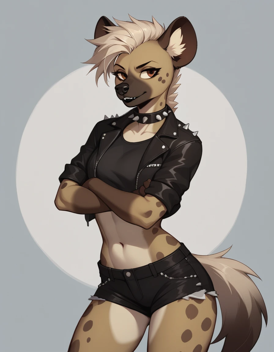 Solo, score_9,score_8_up,score_7_up, source_furry, Trisha, a tall female spotted hyena, brown snout, black nose, brown eyes, short spiked undercut platinum blonde hair, black lips, hyena tail, brown hyena ears, wearing black leather jacket, black crop top, black short shorts, arms crossed, spiked collar, soft smile, abstract grey background