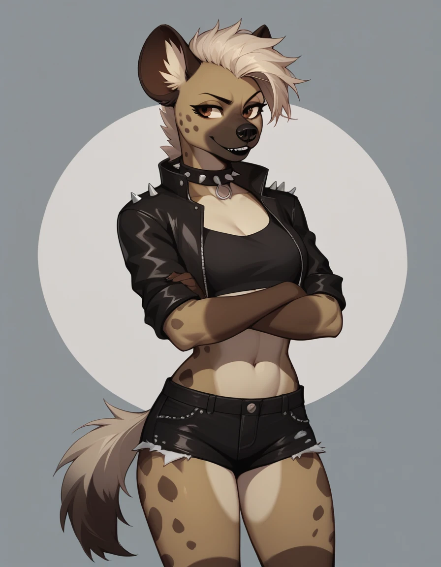 Solo, score_9,score_8_up,score_7_up, source_furry, Trisha, a tall female spotted hyena, brown snout, black nose, brown eyes, short spiked undercut platinum blonde hair, black lips, hyena tail, brown hyena ears, wearing black leather jacket, black crop top, black short shorts, arms crossed, spiked collar, soft smile, abstract grey background