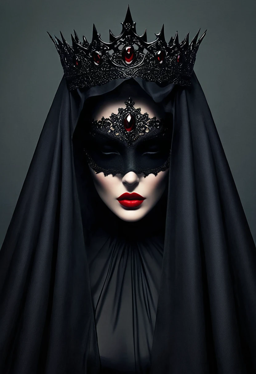 Dark Queen，The cloak covers the eyes，Black veil covering face，Red lips