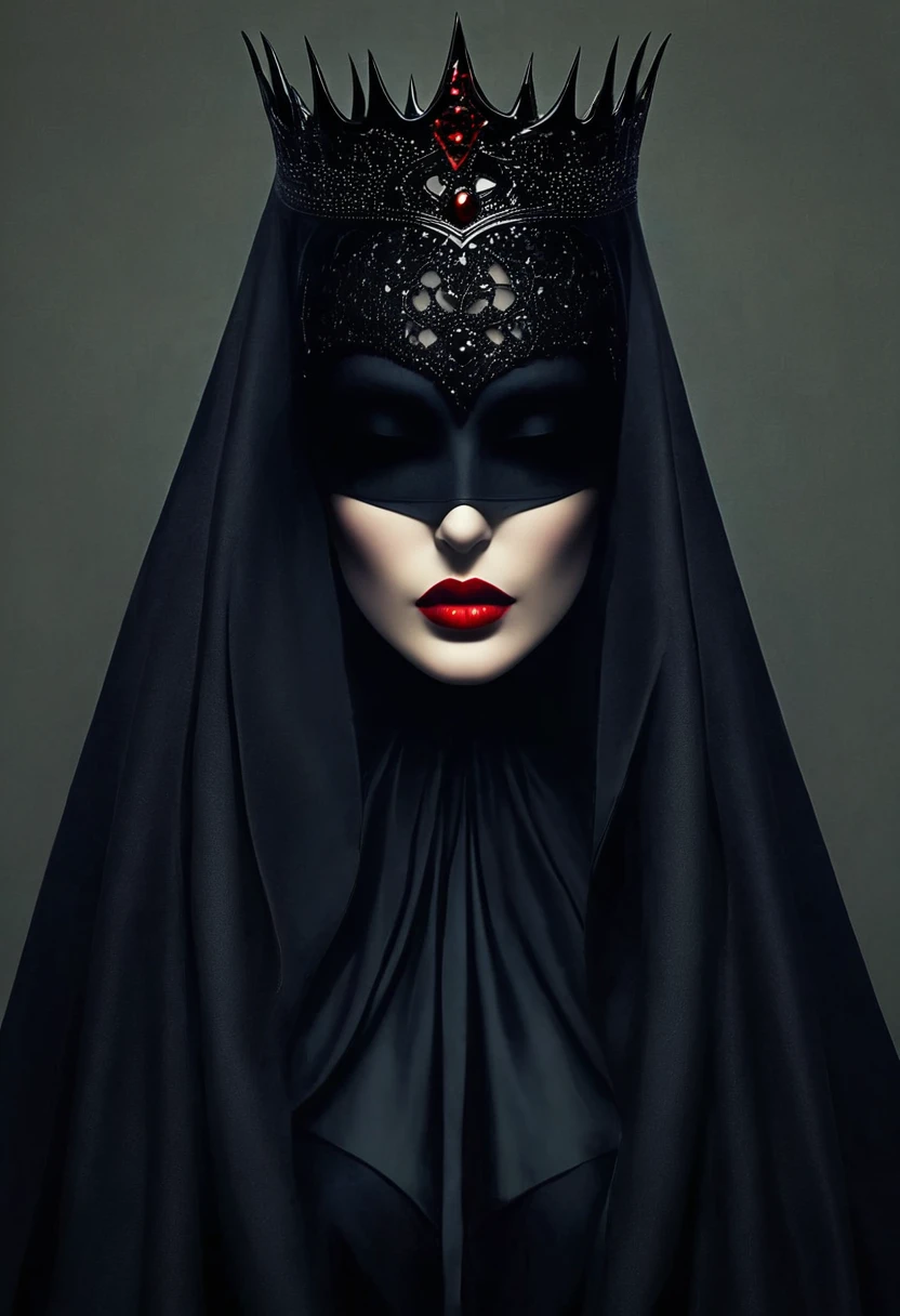 Dark Queen，The cloak covers the eyes，Black veil covering face，Red lips