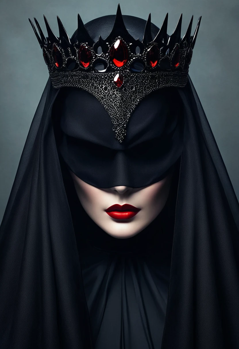 Dark Queen，The cloak covers the eyes，Black veil covering face，Red lips