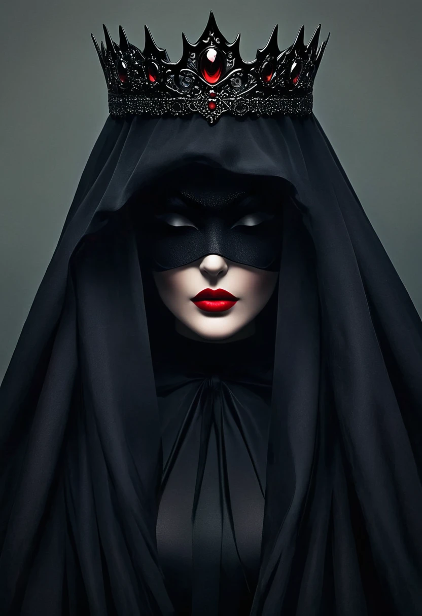 Dark Queen，The cloak covers the eyes，Black veil covering face，Red lips