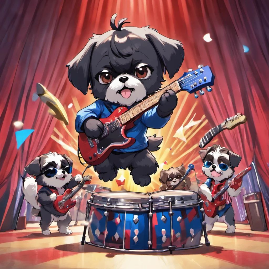 Two Adorable small happy black Shih Tzu puppies and Austrailian Shepard playing guitar playing drums on a concert stage wearing sun glasses Pixar style cartoon 3D red white and blue background