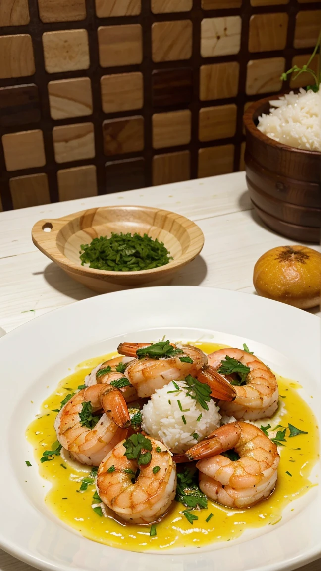 Brazilian shrimp bobó accompanied by loose white rice sprinkled with chives and parsley on a beautiful white plate on a wooden table
