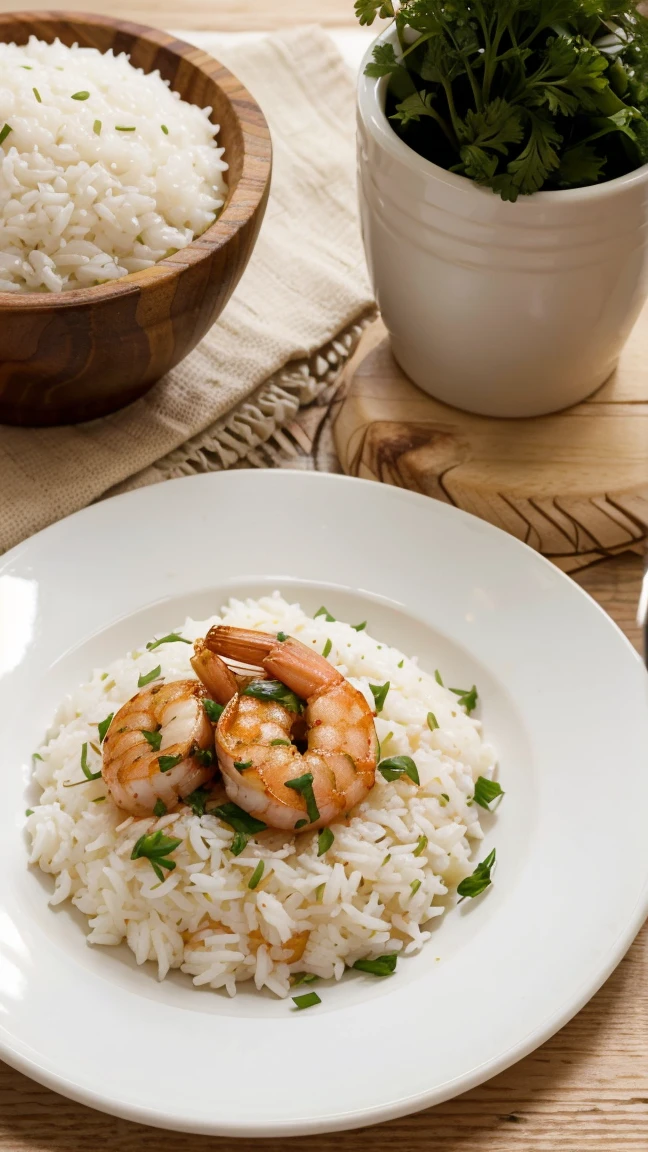 Brazilian shrimp bobó accompanied by loose white rice sprinkled with chives and parsley on a beautiful white plate on a wooden table