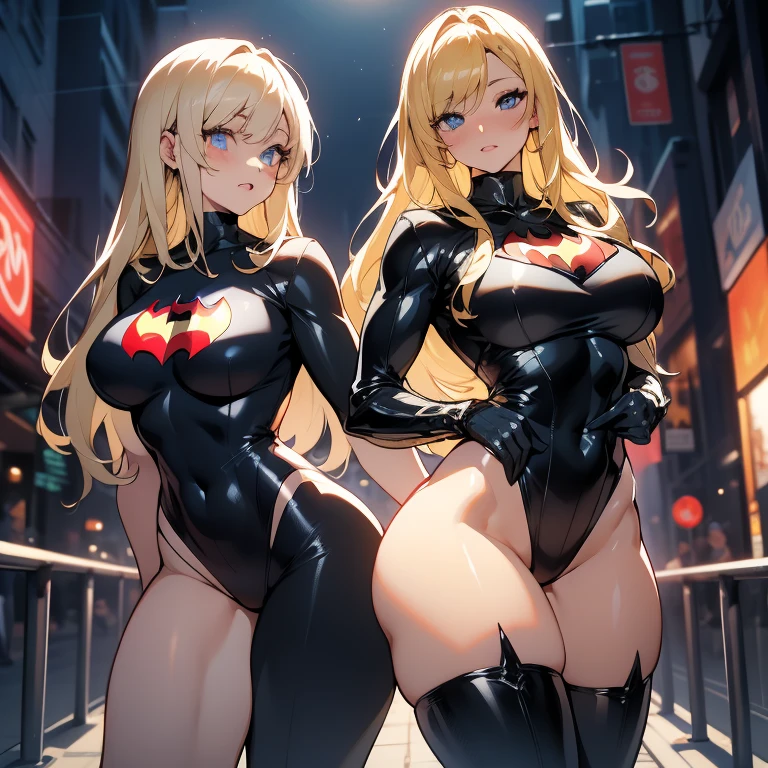 Masterpiece: 1.2, best quality, realistic, (real image, intricate details, depth of field), beautiful blonde woman, she has stunning blue eyes, highly detailed, perfect face, (huge breasts: 1.3), (skin dentition), thick thighs, wide hips, small waist, tall, (huge ass: 1.1), blushing, sexy, nijistyle, bodybuilding, black suit similar to Batman suit, dark street