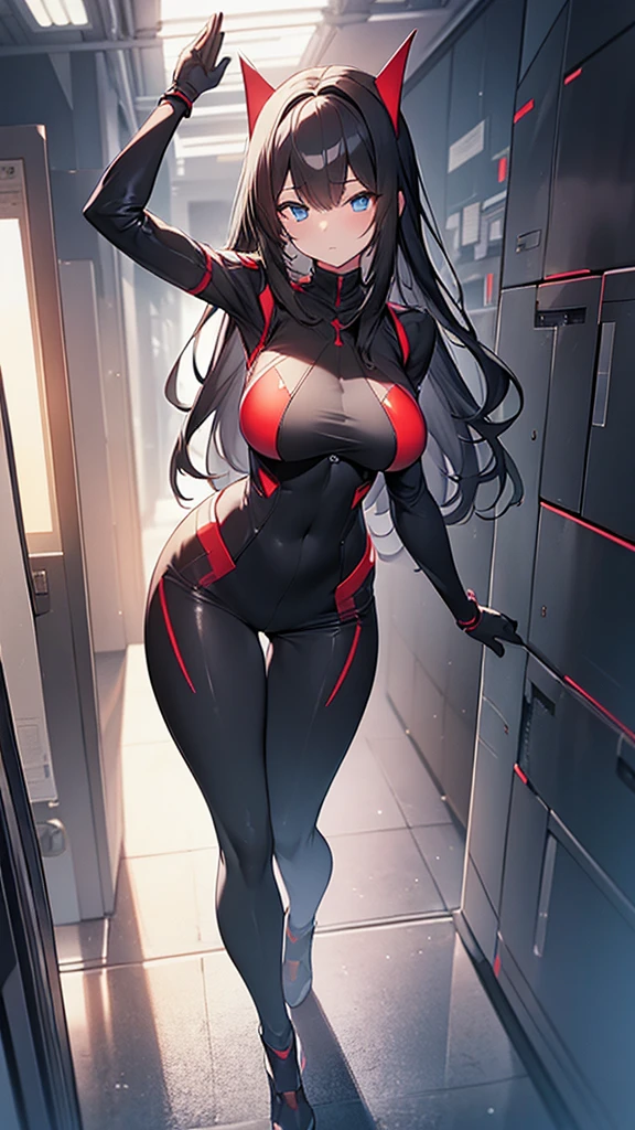 (Highly detailed CG Unity 8k wallpaper,masterpiece, Biological, whole body),(Best lighting, Best Shadow, Very delicate and beautiful),(One girl),blue eyes, Big Breasts, Black Hair,Red and black off-the-shoulder SF bodysuit,Neck Seal,High-tech sci-fi corridor, Dynamic pose, Detailed Machinery, Sleek design., {{An extraterrestrial lifeform preys on girls and takes their place、Her breasts are bigger than a real girl's}}, Unknown sensation, Feels good, Vigorous movement, more, instinct, Female fall, Bouncing chest, loose, loose, NSFW