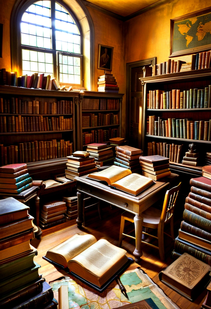 Old Room, full of books, stacks of books everywhere, old books, old volumes, Manuscripts, pergaminhos, maps, window open, sombras intensas, book shelves, open books, books on the floor, books on the table.