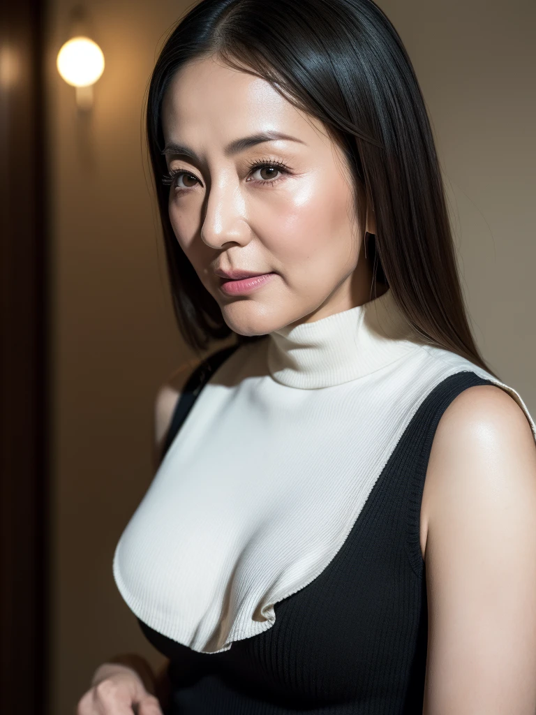 日本人 Mature Woman, (alone), 50 years old, (Wrinkles around the eyes:1.2), Large Breasts, Mature Woman, Chubby body type(((Stand upright, facing the center of the screen。))Glamour, sexyな, Chromo White Skin, View your viewers、Oversized breasts、Sleeveless knit tight fit knit dresuchimuchi、High heels、smile、Night in the City、Prostitute、Brow wrinkles、High resolution、high resolution、、masterpiece、Frustrated and accurate、sharp、At the Beach((日本人 Mature Woman、)From the chest up、High resolution、high resolution、High detail、、((日本人 Mature Woman、60 years old))、 1 Female, (Wearing a black blouse:1.2), Beautiful Japanese actresses,50 years old、 (RAW Photos, Highest quality), (reality的, Photorealistic:1.4), masterpiece, Very delicate and beautiful, Very detailed, 2k wallpaper, wonderful, finely, Very detailed CG Unity 8K 壁紙, Very detailedな, High resolution, Soft Light, Beautiful detailed girl, Very detailed目と顔, Beautiful and detailed nose, Beautiful and detailed, Cinema Lighting,, Square face, Long Hair, View your viewers, jewelry, reality, sexy, Short skirt outfit, Classroom Background , Free pose
