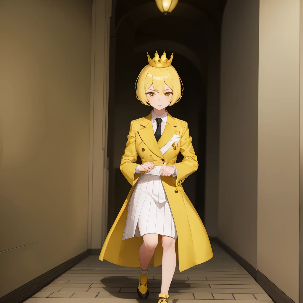 feminine, Kizi, fly away, sexly, yellow  eyes, yellow hair, white suit, yellow tie, yellow crown