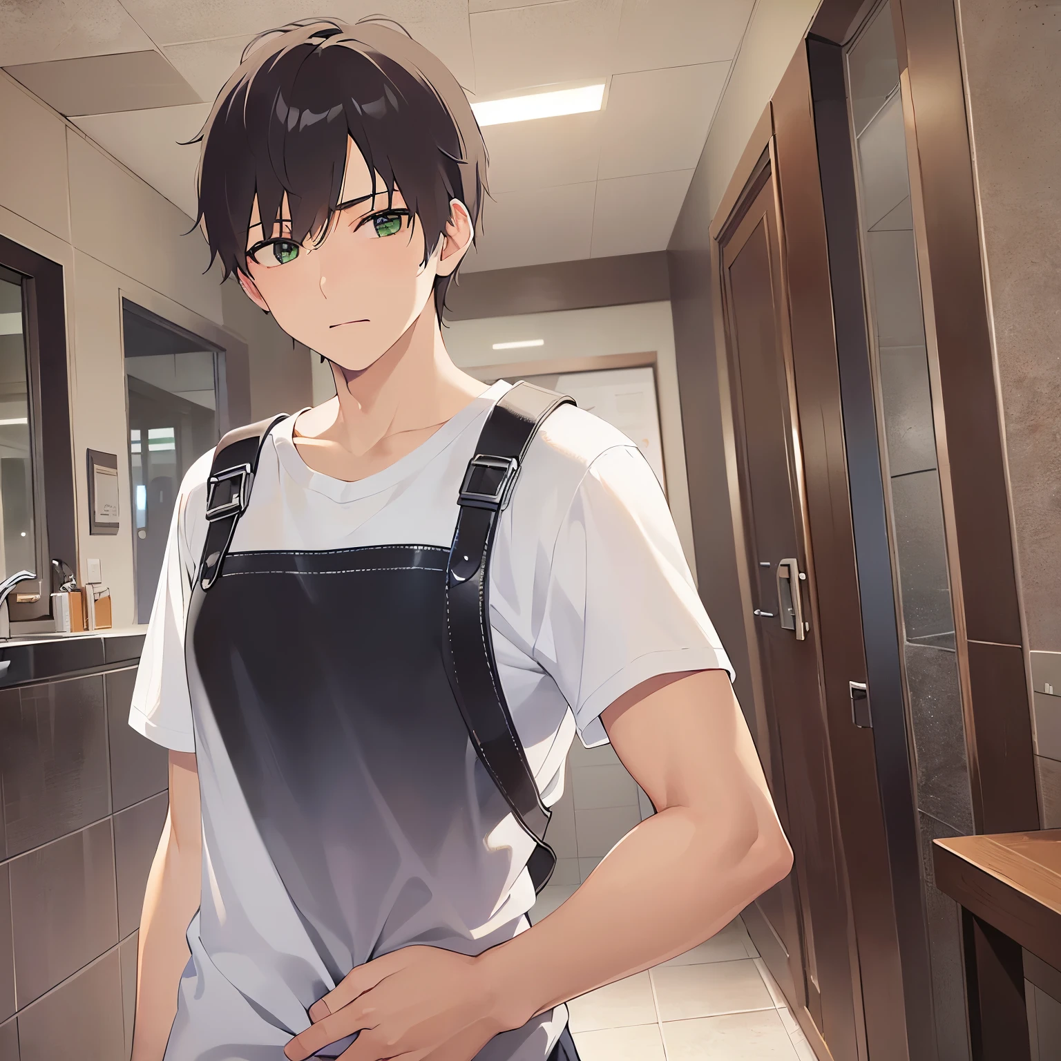 upper body,(looking away:1.5), shiny skin,masterpiece、Highest quality、(25-year-old male:1.5) and (Brown short hair) and (Green Eyes),(White T-shirt:1.5),The background is the living room,(alone:1.5)、(alone:1.5)、apron