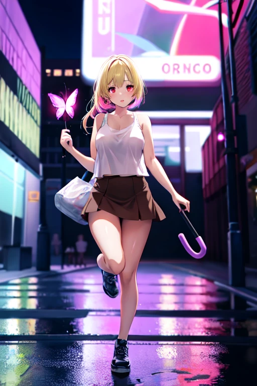 21 year old anime girl with blonde hair and red eyes wearing a short brown skirt with a white tank top in an urban landscape with a cat on her shoulder and a night landscape with neon lights on the buildings and playing with a butterfly and holding an umbrella and rainbow in the background and jumping in a puddle of water