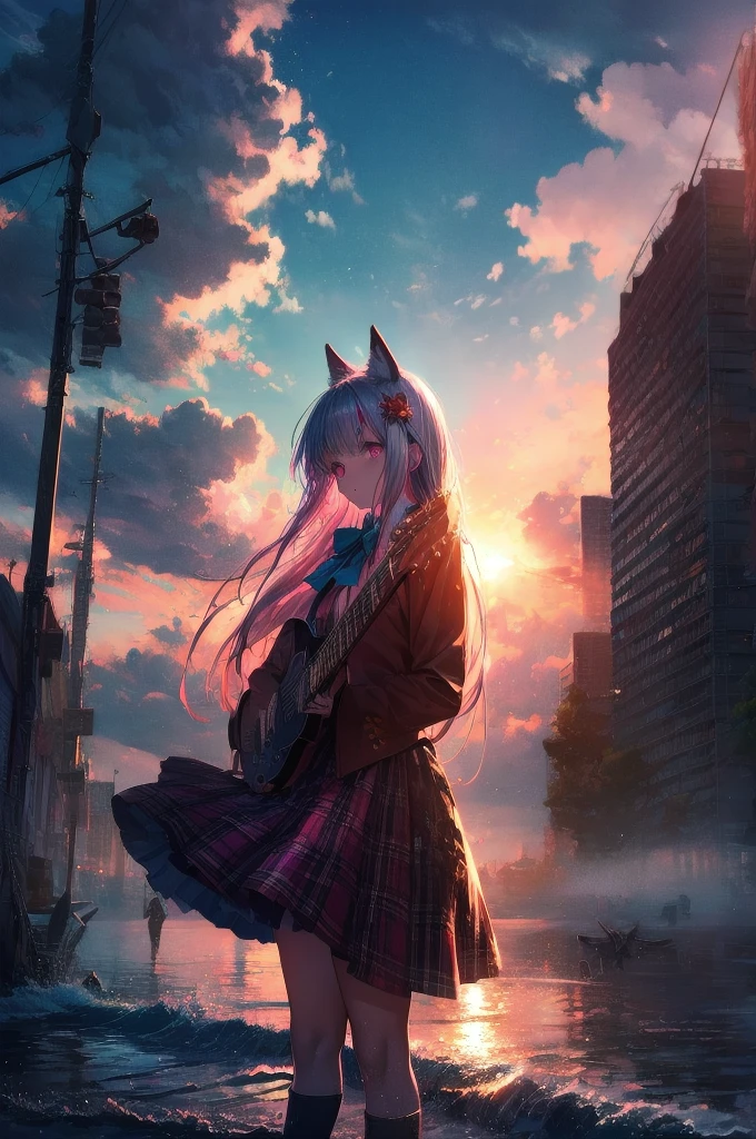 (One girl, size), (guitar alone), bubble skirt, aqua shirt, bow, bowtie, button, collared shirt, Expressionless, Eyebrows hidden by hair, fox mask, Cowboy Shot, Long Hair, Long sleeve, mask, multicolored button, Pink Eyes, Pink Hair, orange skirt, Plaid, Plaid shirt, purple bow, purple bowtie, shirt, skirt, alone, very Long Hair, Ocean, Ocean, Beach, cloudy, sunlight, evening, moon, cloud, null, Outdoor, cloudy null, leaf, Remains, Sunbeam, Post-apocalyptic, Side view