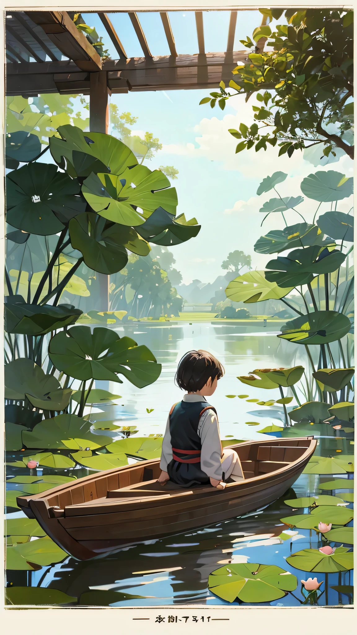 In the near distance is a lotus pond and in the far distance a child is sitting on a small boat