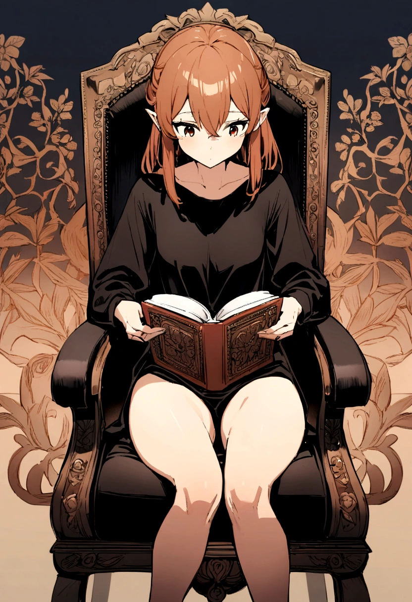 1 girl,smallbreast, russet hair , wearing a large black shirt that reaches the thighs, reading a book,consented, sitting in a chair. a bold style