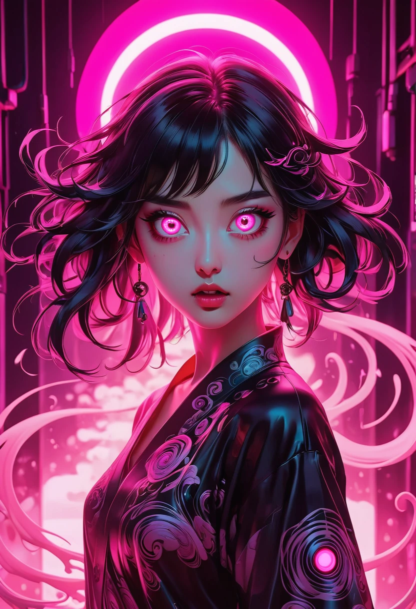 extra long shot, Epic ink bending shot, a crazy people, hollow eyes, an eye standing in bright pink light, fluorescent lighting, anime art, award winning work, 8k, ultra quailty, ultra details