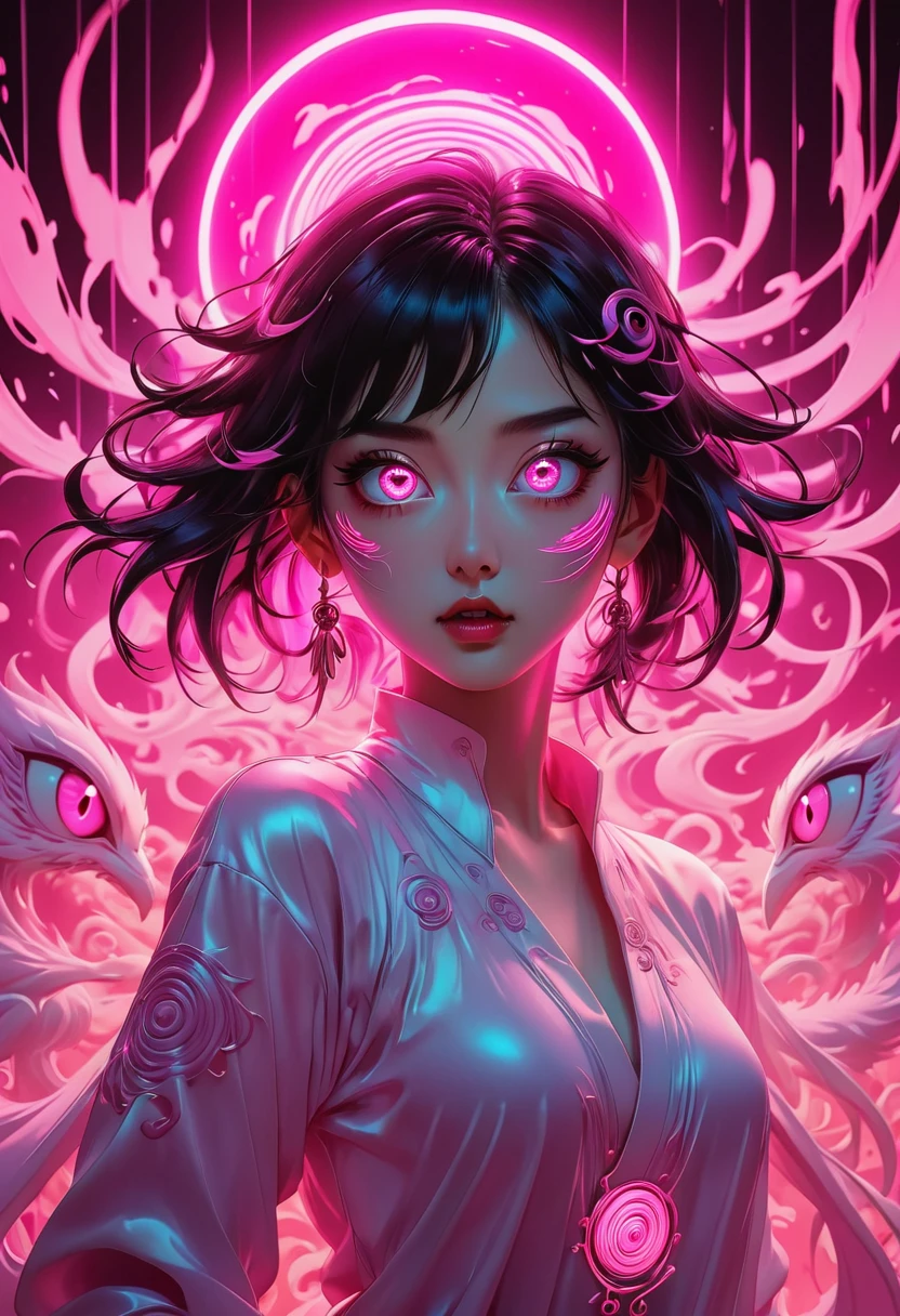 extra long shot, Epic ink bending shot, a crazy people, hollow eyes, an eye standing in bright pink light, fluorescent lighting, anime art, award winning work, 8k, ultra quailty, ultra details