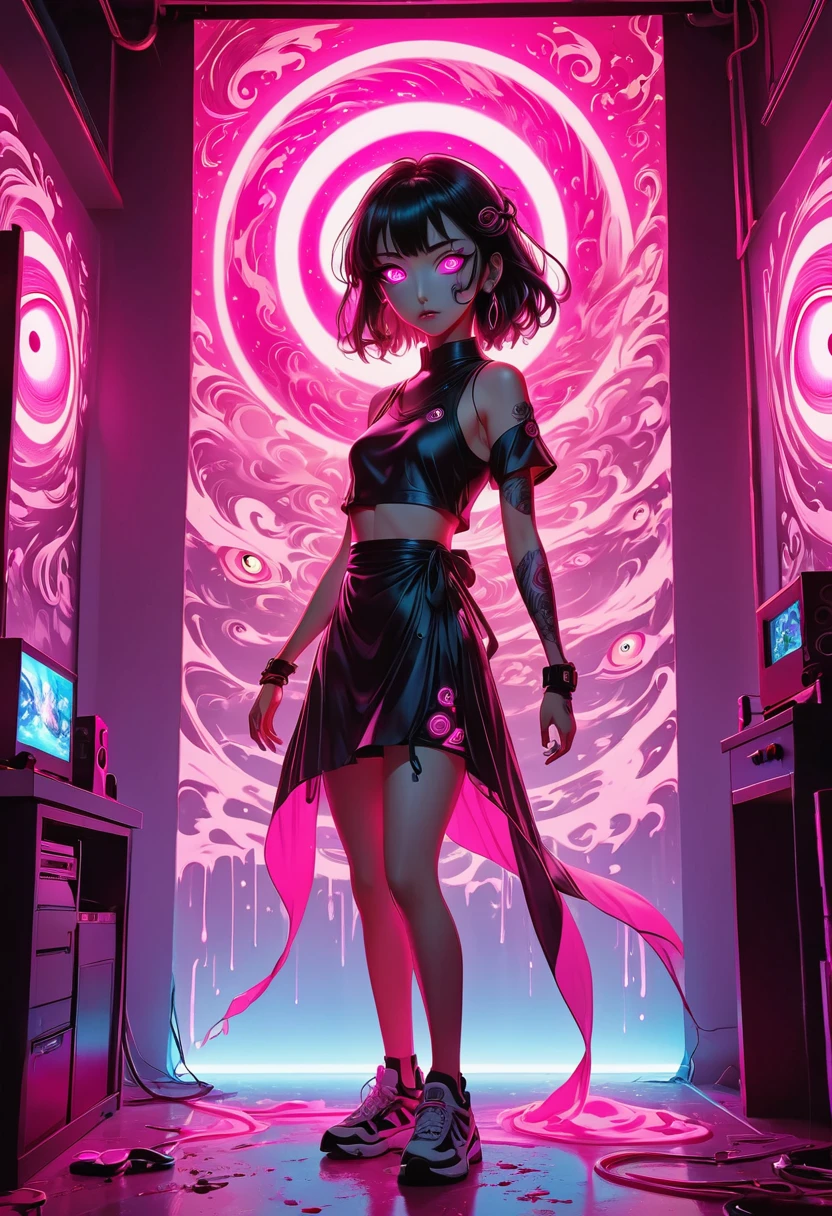 extra long shot, Epic ink bending shot, a crazy people, hollow eyes, an eye standing in bright pink light, fluorescent lighting, anime art, award winning work, 8k, ultra quailty, ultra details