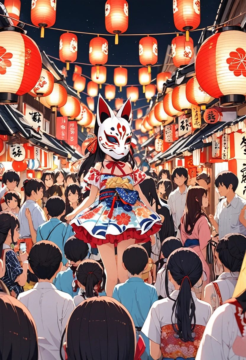 Japan Kawagoe Summer festival Bon dance scaffold Cool down Japan風 Lantern Fox Mask The girl is small and in the center of the image.