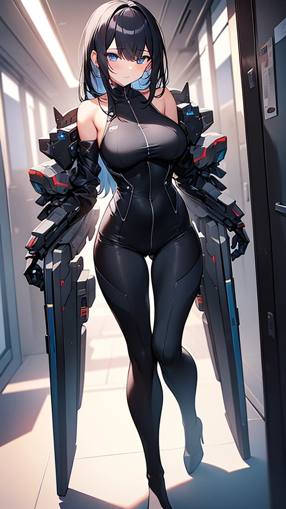 (Highly detailed CG Unity 8k wallpaper,masterpiece, Biological, whole body),(Best lighting, Best Shadow, Very delicate and beautiful),(One girl),blue eyes, Big Breasts, Black Hair,Red and black off-the-shoulder SF bodysuit,Neck Seal,High-tech sci-fi corridor, Dynamic pose, Detailed Machinery, Sleek design., {{An extraterrestrial lifeform preys on girls and takes their place、Her breasts are bigger than a real girl's}}, Unknown sensation, Feels good, Vigorous movement, more, instinct, Female fall, Bouncing chest, loose, loose, NSFW
