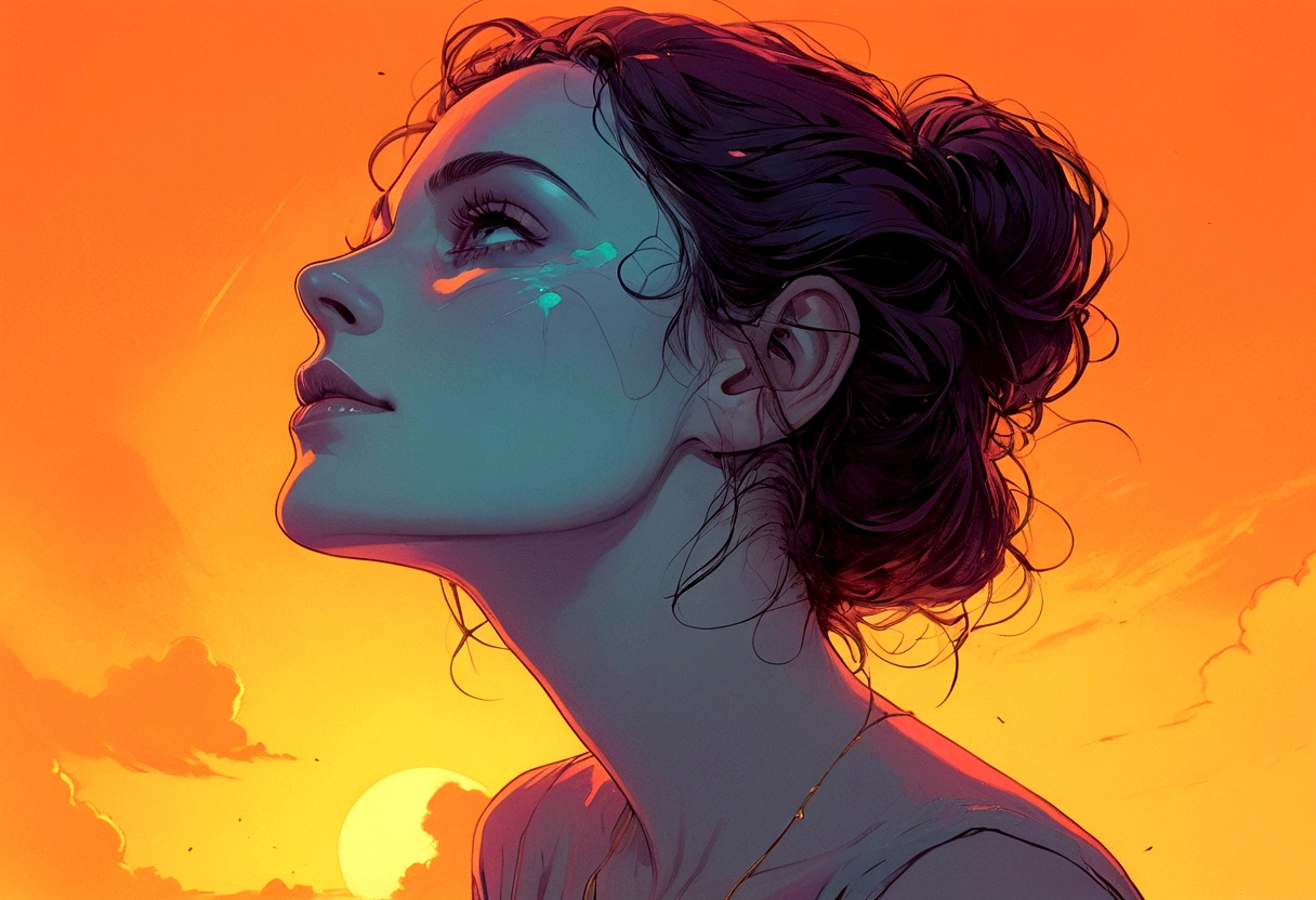 minimal, hand traced figure, 90's comic, thermal iridescence effect, rich warm color grading, splash page, ageless widow, maximal moody, tragically dark, difficult, jaded old soul, disarmingly touched by change, contradictory spirit, jarring soulful, fearless eccentric, wry subtle unknown smile, candid portrait, carefree, perfection, flawless, eternal ember, transient fragility, smoldering, empty wish for a different outcome, offbeat off-kilter, unsafe harbor, cruelest unjust twist, darkness consumes hope, ripped away too soon, aching void, abrupt taken, absence heartache, softness, maximal tragic beauty, pain preventing sunrise, encumbered, mental subliminal confines, gratitude, kindness as a weapon, nuanced meticulous traced, solace, sorrowful grace, despair beyond her ownership, inevitable fate, favored timeless, subliminal sorcery, piercing gaze, numb stare, digital entropy, electronic decay, unseen overwhelming maximal intensity, VHS, glitch, distorted, nostalgia, 90's retro, light mask uv rays across face, in memory, may cherished soul find peace