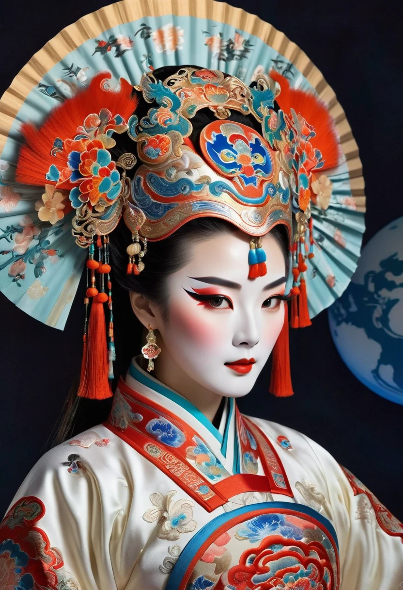 Inside the International Space Station, an astronaut, an exquisite Peking Opera mask, a space suit with exquisite traditional Chinese embroidery, and traditional Chinese accessories. Behind her is an unfolded Chinese fan with Painted with traditional artistic patterns, exquisite and detailed