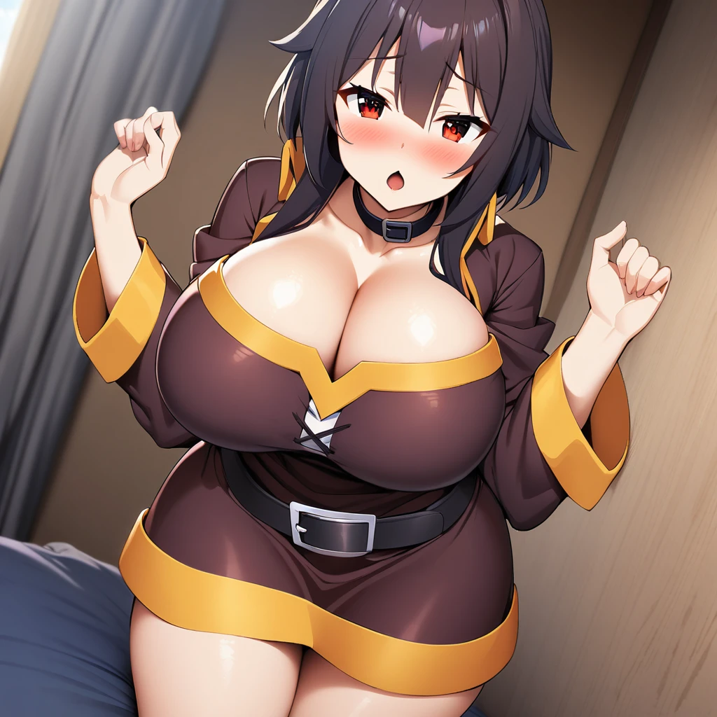 megumin(konosuba),1girl,solo,Females in heat,blush,super huge breasts,slender,looking at viewer,near,bed room