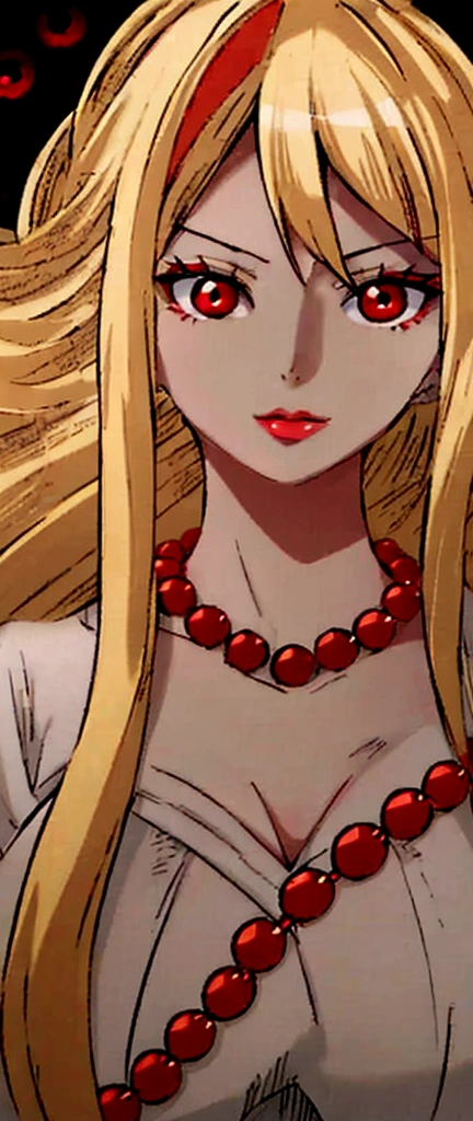 Beautiful anime girl, solo, 1girl, looking at viewer, cute, beautiful, red eyes, long hair, open hair, blonde hair, braided hair, StrawHat, one piece, smiling, light skin, red lips, anime, best quality, masterpiece, extremely detailed, 4k, red eyes, beautiful red eyes, detailed face, detailed eyes, golden necklace, golden earings, standing, extremely beautiful, high quality eyes, hair covering one eye, wanostyle, ((masterpiece)), (best quality), (extremely detailed), depth of field, sketch, dark intense shadows, sharp focus, soft lighting, hdr, colorful, good composition, spectacular, (Highest quality illustrations:1.2), (Kawaii Girl:1.1), (1girl in, solo:1.5), One pose、Neat and clean image、ultradetailed eyes:1.2), ((red-eyed、Blonde hair:1.5))、hair wavy、curlyhair, hair wavy、BREAK(top-quality、ultra-detailliert、highly detailed and beautiful、超A high resolution、Detailed arm:1.2)、a closeup, Wink, ocean beach background, pirate, high quality jewelry, upper body, thin body, black top, open red coat, black pants,