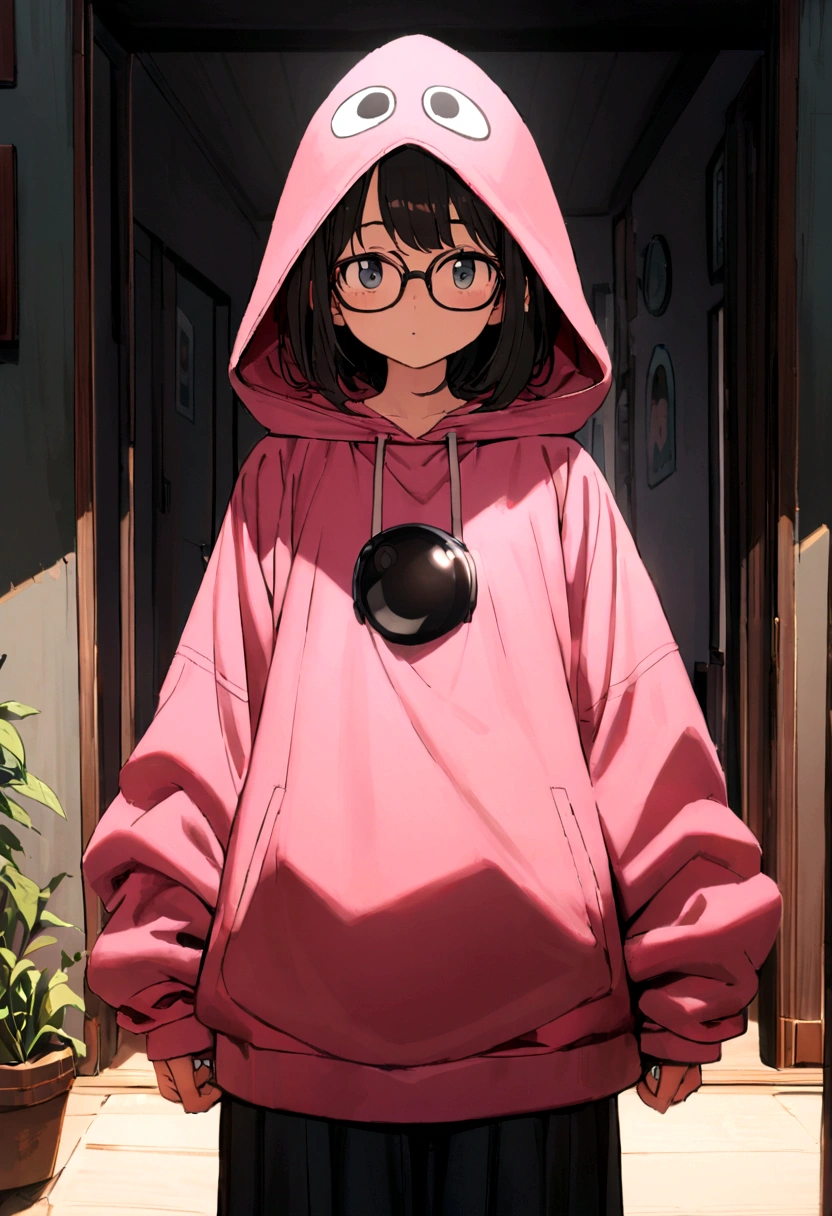 13 year old girl with glasses, oversize hooded sweatshirt, Wide pant, facing black phone movie character