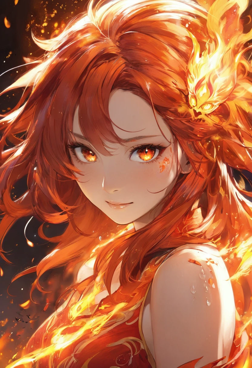 One girl, Female Fire Spirit, Fire-colored hair, Internal Fire, Put a few drops of sparks on your skin,