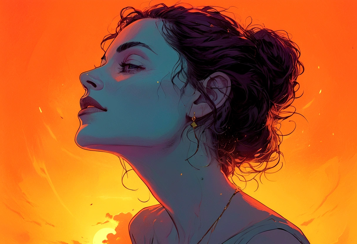minimal, hand traced figure, 90's comic, thermal iridescence effect, rich warm color grading, splash page, ageless widow, maximal moody, tragically dark, difficult, jaded old soul, disarmingly touched by change, contradictory spirit, jarring soulful, fearless eccentric, wry subtle unknown smile, candid portrait, carefree, perfection, flawless, eternal ember, transient fragility, smoldering, empty wish for a different outcome, offbeat off-kilter, unsafe harbor, cruelest unjust twist, darkness consumes hope, ripped away too soon, aching void, abrupt taken, absence heartache, softness, maximal tragic beauty, pain preventing sunrise, encumbered, mental subliminal confines, gratitude, kindness as a weapon, nuanced meticulous traced, solace, sorrowful grace, despair beyond her ownership, inevitable fate, favored timeless, subliminal sorcery, piercing gaze, numb stare, digital entropy, electronic decay, unseen overwhelming maximal intensity, VHS, glitch, distorted, nostalgia, 90's retro, light mask uv rays across face, in memory, may cherished soul find peace