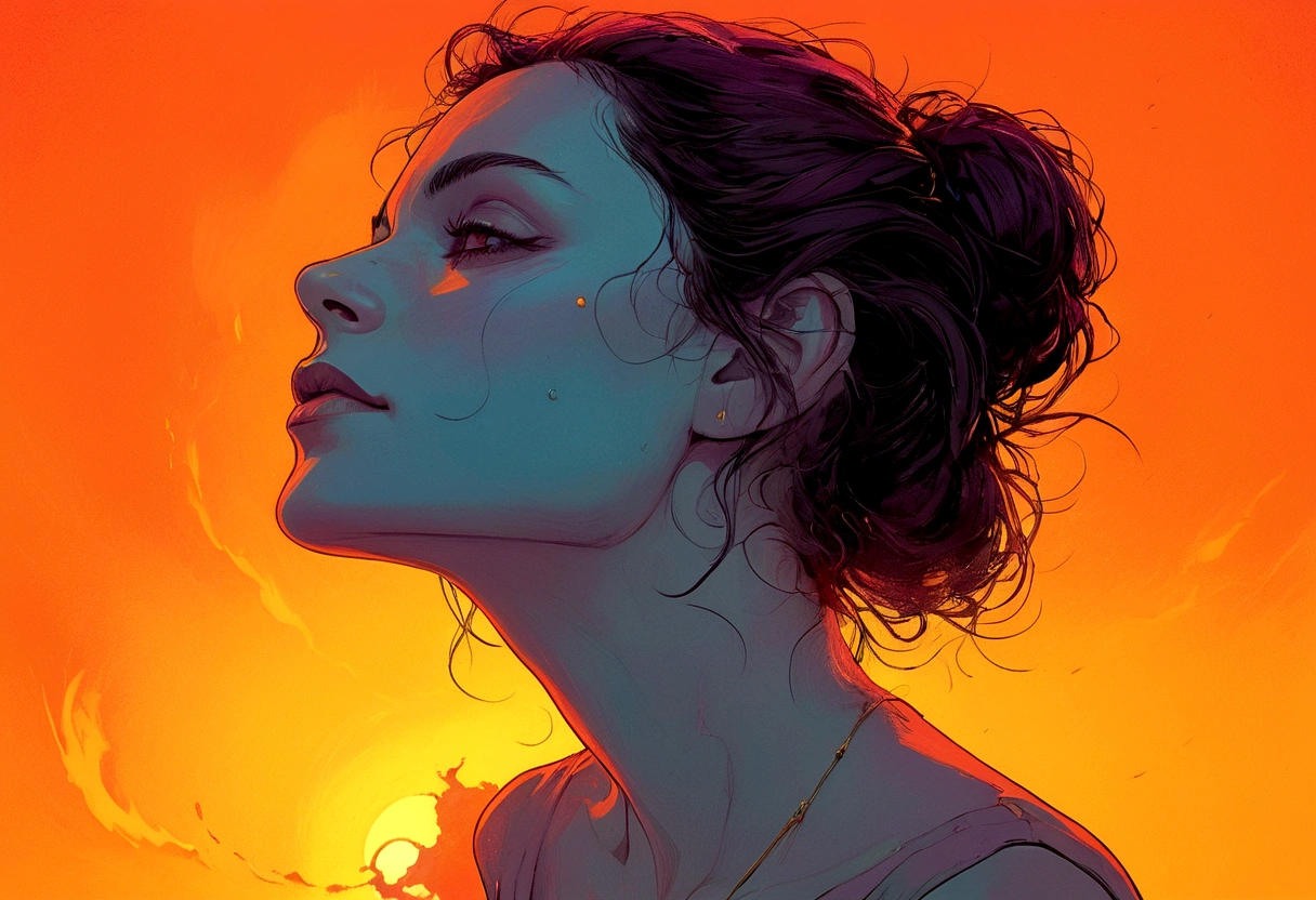 minimal, hand traced figure, 90's comic, thermal iridescence effect, rich warm color grading, splash page, ageless widow, maximal moody, tragically dark, difficult, jaded old soul, disarmingly touched by change, contradictory spirit, jarring soulful, fearless eccentric, wry subtle unknown smile, candid portrait, carefree, perfection, flawless, eternal ember, transient fragility, smoldering, empty wish for a different outcome, offbeat off-kilter, unsafe harbor, cruelest unjust twist, darkness consumes hope, ripped away too soon, aching void, abrupt taken, absence heartache, softness, maximal tragic beauty, pain preventing sunrise, encumbered, mental subliminal confines, gratitude, kindness as a weapon, nuanced meticulous traced, solace, sorrowful grace, despair beyond her ownership, inevitable fate, favored timeless, subliminal sorcery, piercing gaze, numb stare, digital entropy, electronic decay, unseen overwhelming maximal intensity, VHS, glitch, distorted, nostalgia, 90's retro, light mask uv rays across face, in memory, may cherished soul find peace
