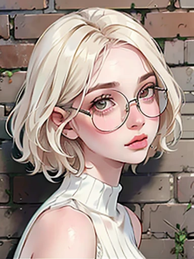 dynamic close-up of the upper part of 1 Russian Woman with freckles, extremely albino, extremely thin and beautiful, perfect body, well-shaped face, skin with highly detailed depth, she is Leaning against a brick wall, (haircut, wavy hair and blondes), (detailed, large, bright eyes, light brown eyes, curled eyelashes, large glasses), (sensuously pouting with mouth), wearing a short sweater showing off the shoulders, ultra realistic, vibrant and pointed image, dynamic vision, high quality 32k, hyper-realistic, cinematic.