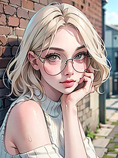 dynamic close-up of the upper part of 1 Russian Woman with freckles, extremely albino, extremely thin and beautiful, perfect body, well-shaped face, skin with highly detailed depth, she is Leaning against a brick wall, (haircut, wavy hair and blondes), (detailed, large, bright eyes, light brown eyes, curled eyelashes, large glasses), (sensuously pouting with mouth), wearing a short sweater showing off the shoulders, ultra realistic, vibrant and pointed image, dynamic vision, high quality 32k, hyper-realistic, cinematic.