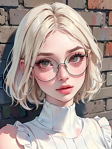 dynamic close-up of the upper part of 1 Russian Woman with freckles, extremely albino, extremely thin and beautiful, perfect body, well-shaped face, skin with highly detailed depth, she is Leaning against a brick wall, (haircut, wavy hair and blondes), (detailed, large, bright eyes, light brown eyes, curled eyelashes, large glasses), (sensuously pouting with mouth), wearing a short sweater showing off the shoulders, ultra realistic, vibrant and pointed image, dynamic vision, high quality 32k, hyper-realistic, cinematic.