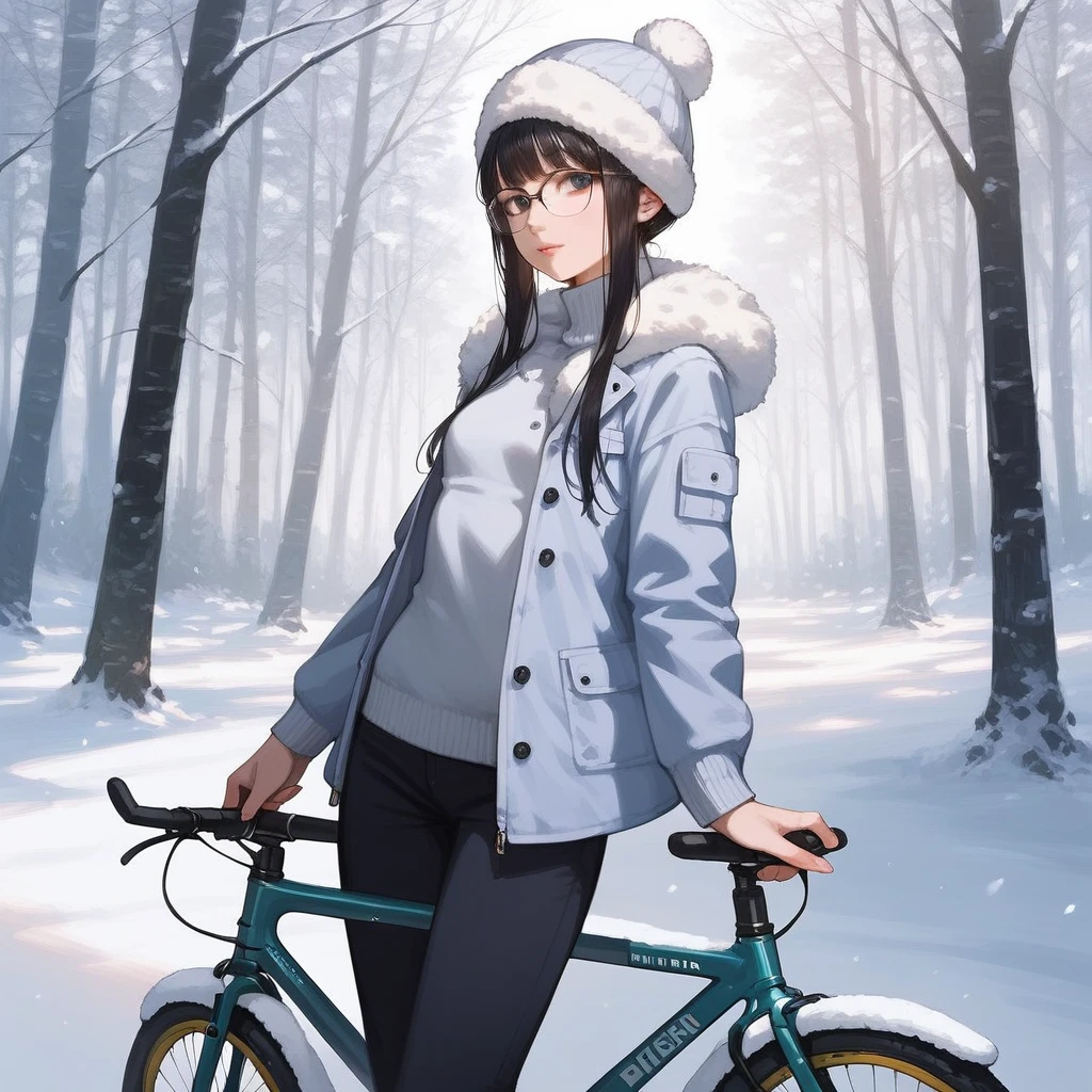 score_9, score_8_up, score_7_up, score_anime, realistic, real, photorealistic, 1 female. Bangs hairstyle, face. winter clothing, beautiful small breasts, Thick-rimmed glasses. (detailed black rim glasses). 22-years-old beautiful female. pants. winter costume. Put the hand on the bicycle handle. beautiful hands. early summer background.