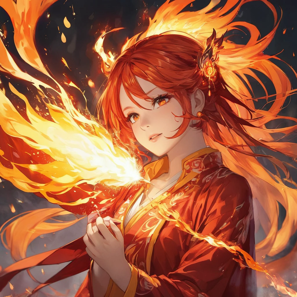 One girl, Female Fire Spirit, Fire-colored hair, Internal Fire, Put a few drops of sparks on your skin,