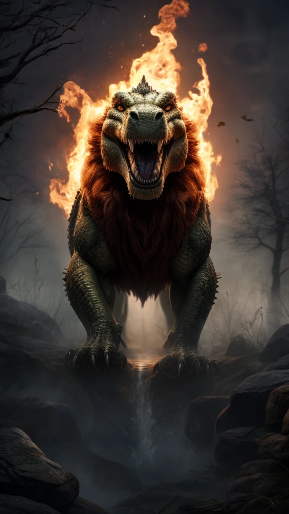 Has a red flame aura、A terrifying combination of lion and crocodile。A face that combines lion and crocodile features。Sharp Eye。The misty background and falling leaves add to the spooky atmosphere.。The creatures look realistic、Runs at high speed with powerful movementuscle、Sharp Claws、scale、A bold expression, etc.、Audacious design。Highly detailed and realistic、Crocodile tail、The whole picture is visible。