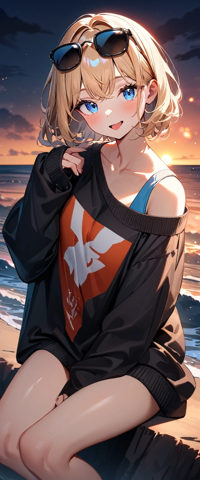 (((One girl))), (((portrait, face))), ((outward curled hair)), from side:1.3, sea, beach, evening, Sunset, ((Sitting on a cliff)), (((Bare legs))), wavy hair, blond hair, open mouth, tongue out, ((sunglasses, hand to sunglasses)), (bob cut:1.3)), breasts, standard body, (looking at viewer), oversized clothes, puffy long sleeves, collarbone, ((off-shoulder sweater dress:1.3, Quite thick shoulder straps)), (((sleeves past wrists:1.3))), ((black sweater)), teenager, head tilt:1.3, (((blue eye))), ((happy smile)), (((anime style))), (best quality, 4K, 8K, highres, masterpiece:1.2, ultra-detailed, ultra-detailed eyes, HDR, uhd, studio lighting, ultra-fine painting, sharp focus, physically-based rendering, extreme detail description, professional, vivid colors, bokeh), ((Highest quality, Best image quality, Ultra-high resolution, Ultra-high resolution, solo, Strong eye highlights)), Depth of written boundary, Natural soft light, attractive, Beautiful Face, Cleanliness, Pure Face, medium chest, Beautiful Face, Perfect Fingers, Perfect hands, Perfect body, Perfect Face, Shine a light into your eyes, Perfect Anatomy