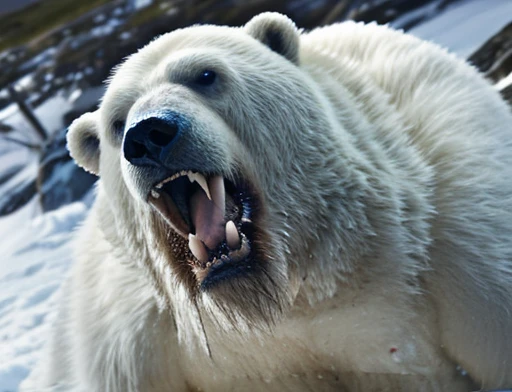 A frontal image of the moment of a polar bear attack on Expectador . The polar bear attacks the spectator with his binges, the bear is furious . Animal rage rage . He wears a very torn and torn leather blanket as primitive clothing.. He attacks , dynamic angle.