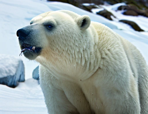 A frontal image of the moment of a polar bear attack on Expectador . The polar bear attacks the spectator with his binges, the bear is furious . Animal rage rage . He wears a very torn and torn leather blanket as primitive clothing.. He attacks , dynamic angle.