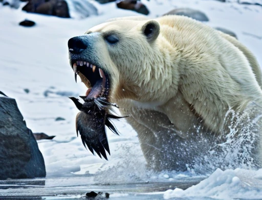 A frontal image of the moment of a polar bear attack on Expectador . The polar bear attacks the spectator with his binges, the bear is furious . Animal rage rage . He wears a very torn and torn leather blanket as primitive clothing.. He attacks , dynamic angle.