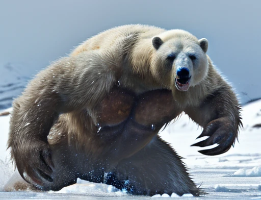 A frontal image of the moment of a polar bear attack on Expectador . The polar bear attacks the spectator with his binges, the bear is furious . Animal rage rage . He wears a very torn and torn leather blanket as primitive clothing.. He attacks , dynamic angle.