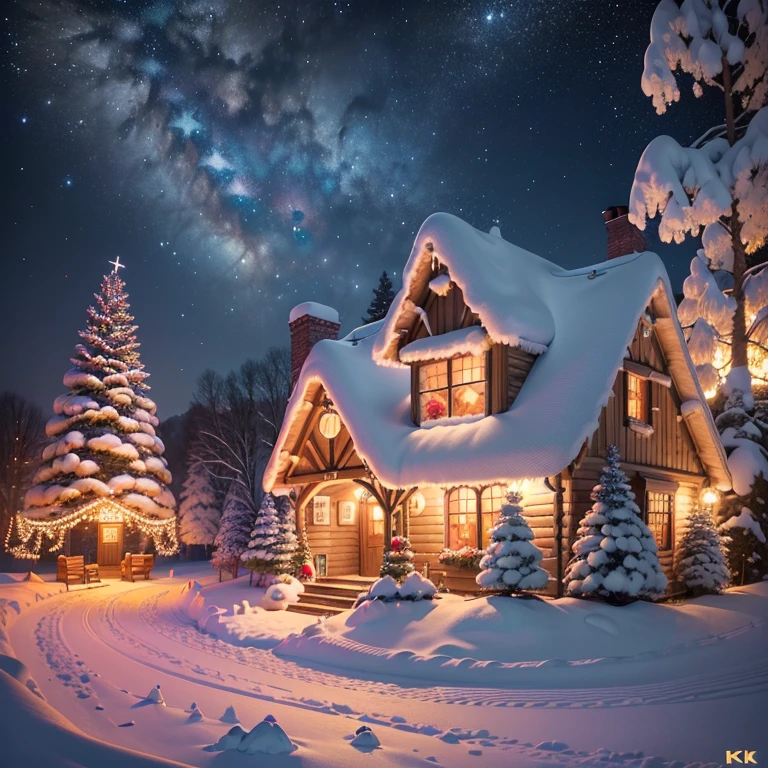 (best quality,4k,8k,highres,masterpiece:1.2),ultra-detailed,(realistic,photorealistic,photo-realistic:1.37),candy cane trees, vibrant gum drop boulders, giant stylized snowflakes twinkle and spin in the sky, a charming gingerbread cottage emits smoke from the chimney. Scattered moonlight bathes the surreal landscape.