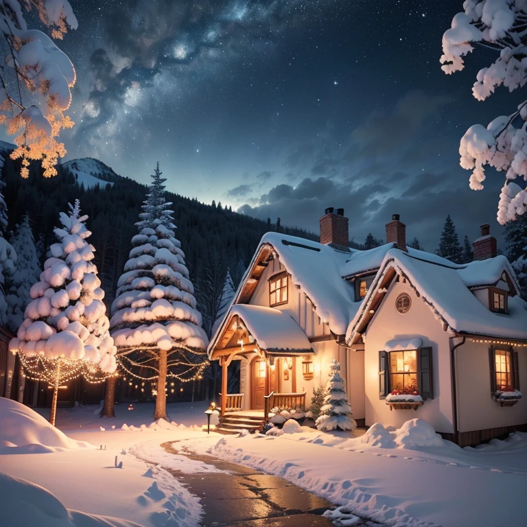 (best quality,4k,8k,highres,masterpiece:1.2),ultra-detailed,(realistic,photorealistic,photo-realistic:1.37),candy cane trees, vibrant gum drop boulders, giant stylized snowflakes twinkle and spin in the sky, a charming gingerbread cottage emits smoke from the chimney. Scattered moonlight bathes the surreal landscape.