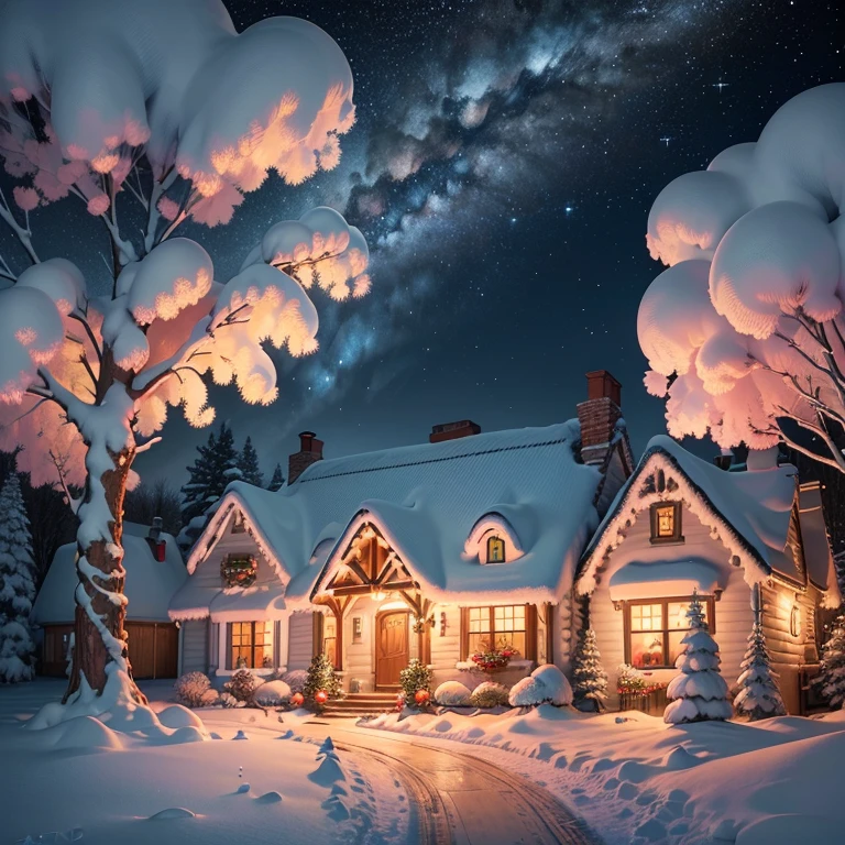 (best quality,4k,8k,highres,masterpiece:1.2),ultra-detailed,(realistic,photorealistic,photo-realistic:1.37),candy cane trees, vibrant gum drop boulders, giant stylized snowflakes twinkle and spin in the sky, a charming gingerbread cottage emits smoke from the chimney. Scattered moonlight bathes the surreal landscape.