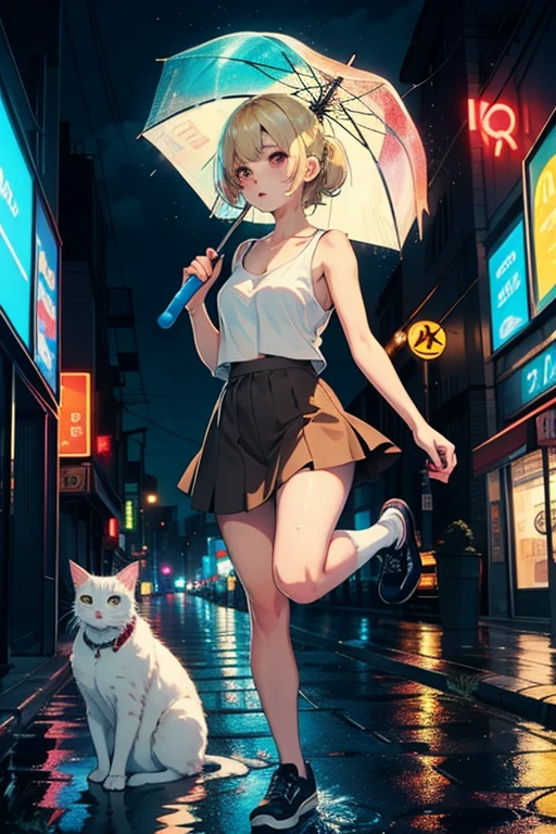 21 year old anime girl with blonde hair and red eyes wearing a short brown skirt with a white tank top in an urban landscape with a cat on her shoulder and a night landscape with neon lights on the buildings and playing with a butterfly and holding an umbrella and rainbow in the background and jumping in a puddle of water