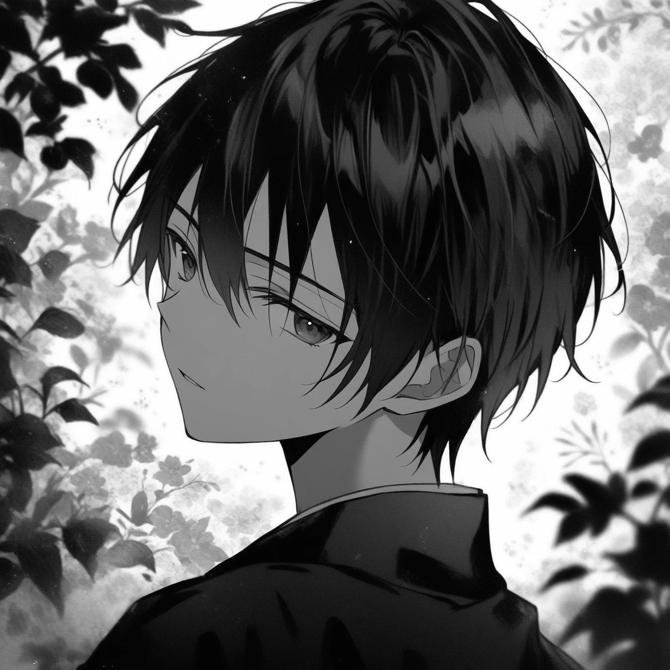 Beautiful anime portrait,Black and gray monochrome,Oriental Wallpaper,Pink,Feeling,very anime style,1boy,Kirigaya Kazuto,Kirito ,Flowers,Close-up,Soft Light,Rich in details,The expression is firm,Kimono decoration,Background blur,Vivid colors,情Feeling深沉,front,Black eyes